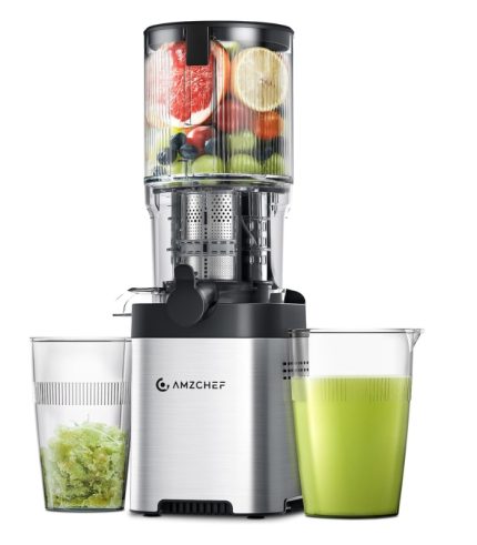 Cold Press Juicer with 5.4-Inch Chute, Stainless Steel Body, Dual Strainers, Easy Cleanup